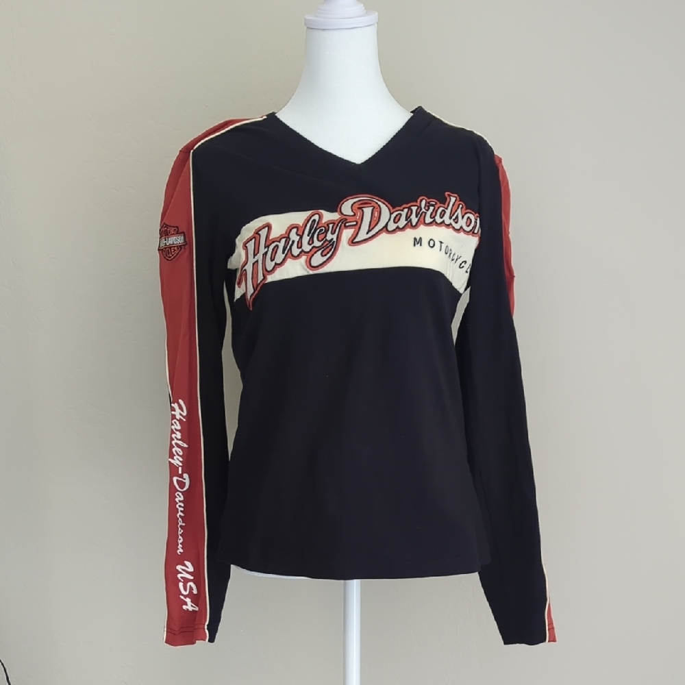 Authentic Harley-Davidson Women's Black and Cream Long Sleeve Shirt, M